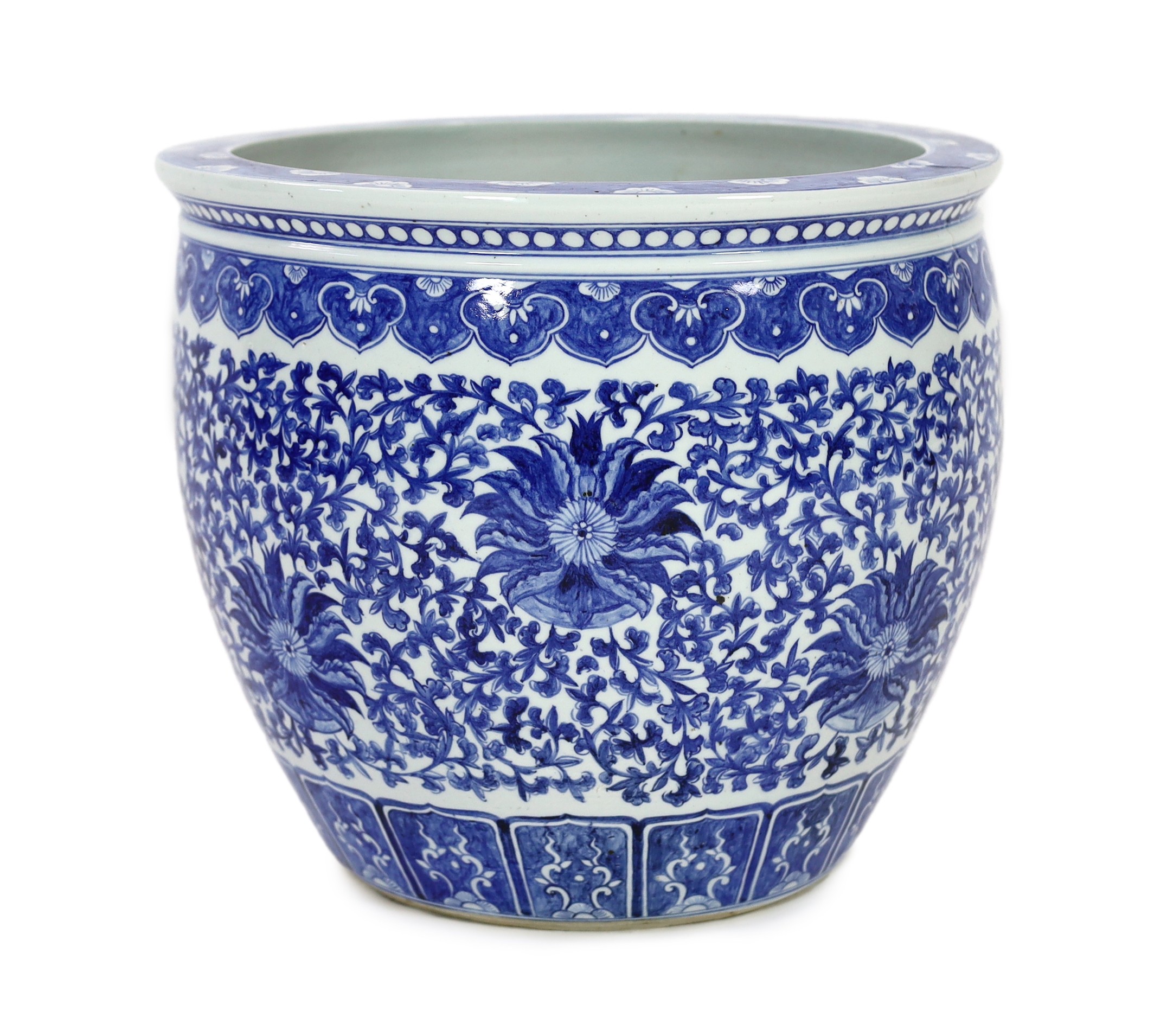 A Chinese blue and white ‘fish’ bowl, 20th century, 44cm diameter 38cm high